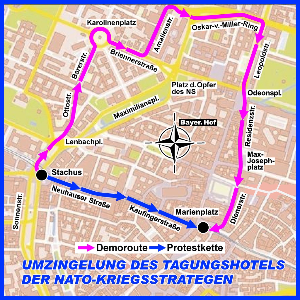 Route als Umzingelung, unten Protestkette Fußgängerzone Stachus-Marienplatz, oben Demo via Karolinenplatz ...